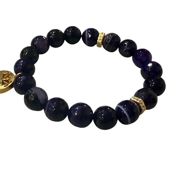 Rustic Cuff PURPLE ONYX BEADS w/ Gold accents & logo Stretch Stacking Bracelet - Picture 12 of 12